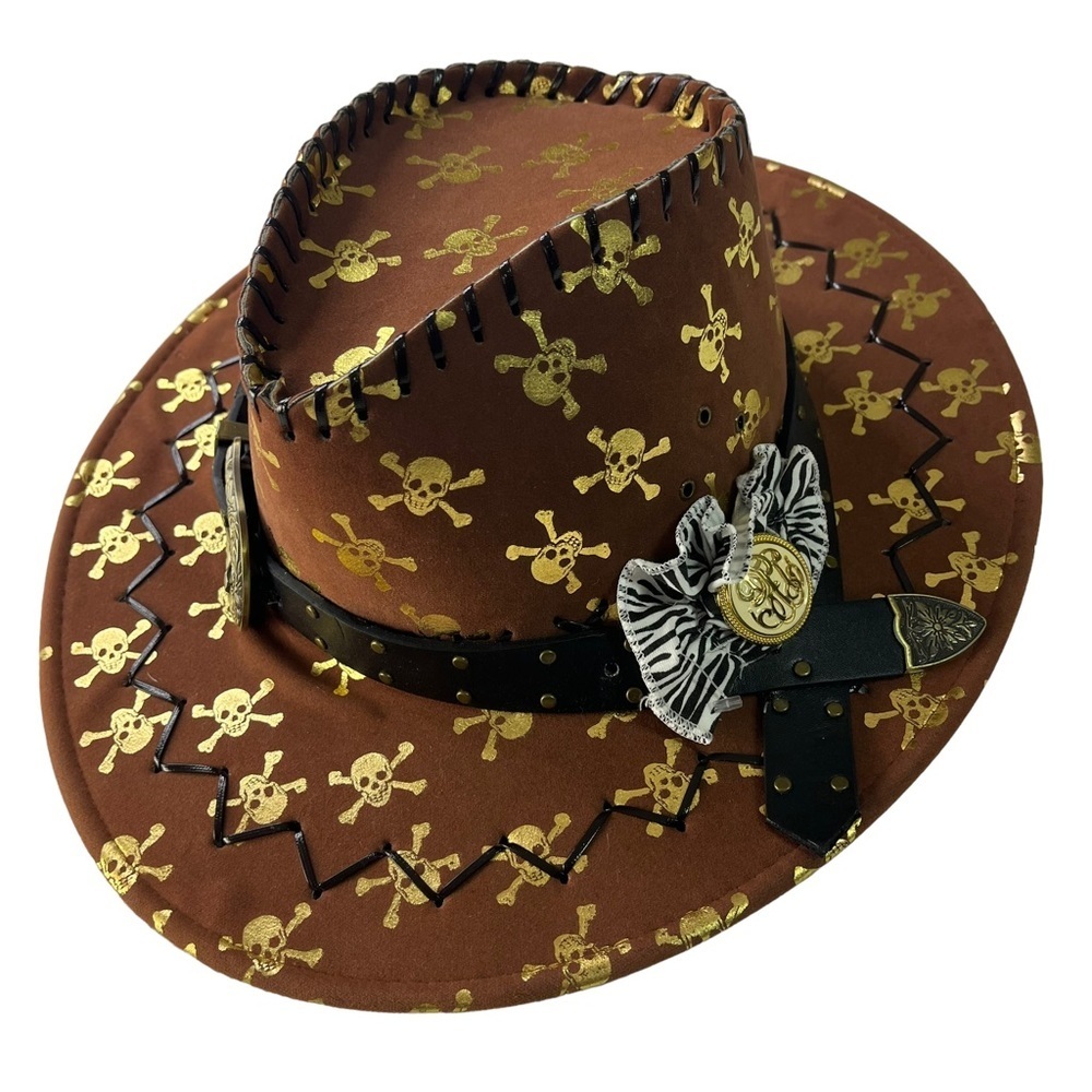 Brown‎ Felt Skull and Bone Western Cowboy Hat - Picture 7 of 12